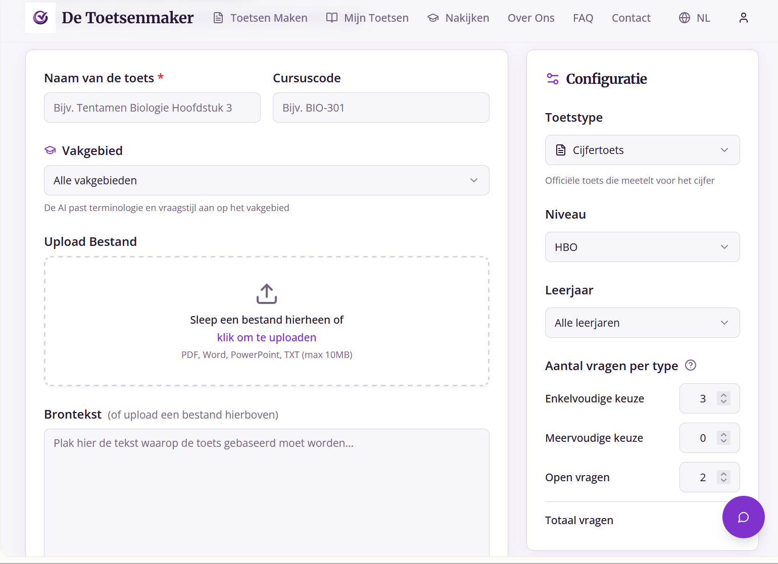 Demo van De Toetsenmaker - automatische toetsengenerator interface met vraag configuratie en preview opties